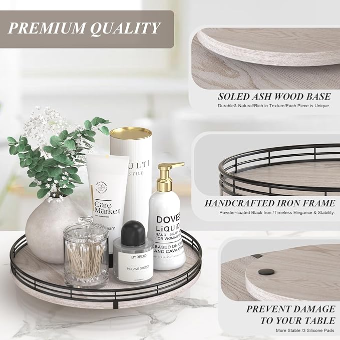 12" Farmhouse Lazy Susan for Kitchen & Coffee Table Decor – Rustic Wood Tray with Black Metal Frame, Decorative Centerpiece for Dining Room, Ottoman, Living Room, Serving or Vanity Use-HomvellaHome