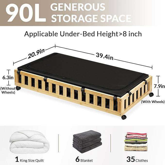 2 Pack Bamboo Under Bed Storage with Wheels, 39”x20”x7.8” Lager Under Bed Storage Containers (Natural)-HomvellaHome