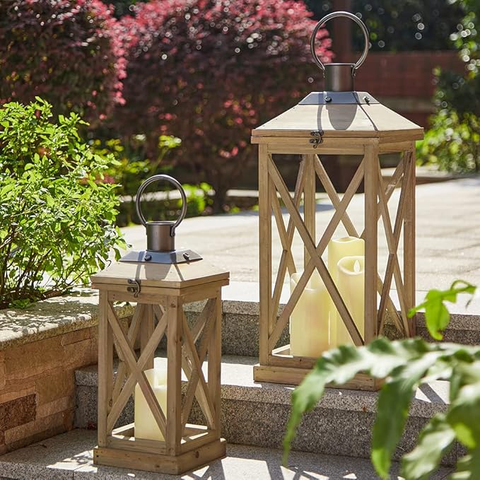 Glitzhome Mondern Farmhouse Wood Metal Lanterns Decorative Hanging Candle Lanterns Set of 2, Natural (No Glass)-HomvellaHome