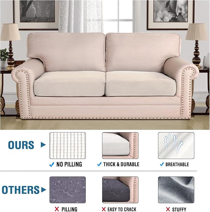 H.VERSAILTEX Super Stretch Individual Seat Cushion Covers - Sofa Couch Cushion Slipcover Sets - Thick Jacquard Textured Twill Fabric - Large (2 Piece, Ivory)-HomvellaHome
