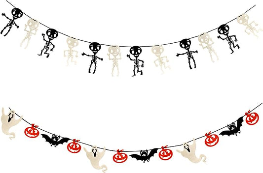 Gift Boutique - 9 Foot Halloween Garland Felt Banner Chain Decorations Indoor & Outdoor Party Supplies 18 Feet Total Pack of 2 Designs Skeletons Bat Pumpkin Ghost-HomvellaHome