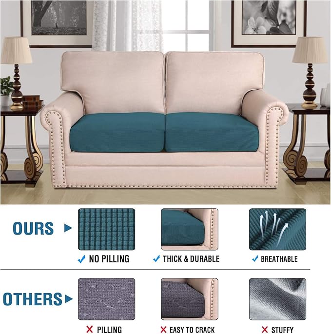 H.VERSAILTEX Super Stretch Individual Seat Cushion Covers Sofa Covers Couch Cushion Covers Slipcover Sets Thick Jacquard Textured Twill Fabric (2 Piece Medium Sofa Cushion Covers, Deep Teal)-HomvellaHome