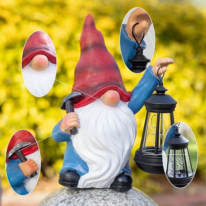 Garden Gnome Statue Solar Light Outdoor Decorations Figurine with Lantern Led Shovel Sculpture Lawn Patio Yard Porch Outside Christmas Housewarming Gifts for Women Mother's Day Grandma-HomvellaHome