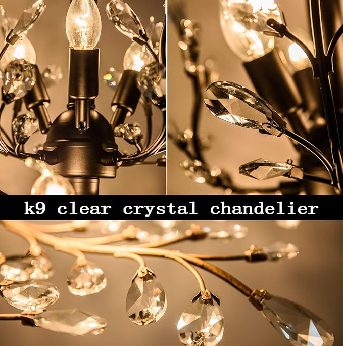 Ganeed Vintage K9 Clear Crystal Chandeliers,Ceiling Lighting,Pendant Lighting Flush Mounted Fixture with 3 Light for Living Room Dinning Room Restaurant Porch Hallway (Black)-HomvellaHome