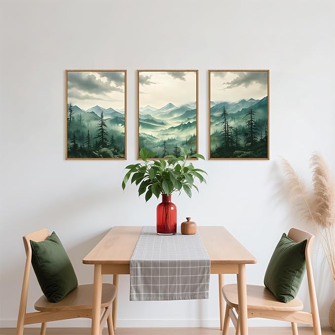 Green Foggy Mountain Framed Canvas Wall Art Set, Misty Forest Wall Decor, Watercolor Pine Tree Wall Painting, Large Nature Landscape Art Print for Living Room, Bedroom, Office - 16"X24"X3-HomvellaHome