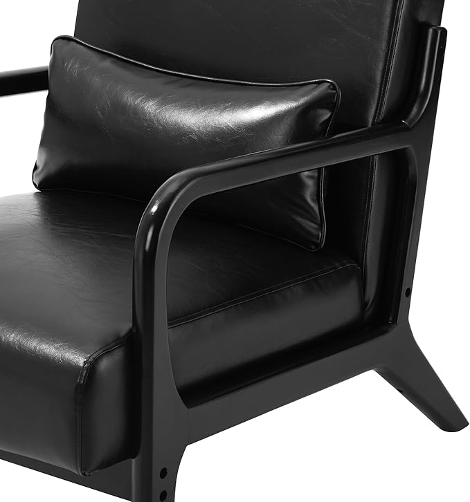 Glitzhome 2 Set Mid Century Black Accent Armchair, Single Reading Armchair PU Leather Lounge Chair with Walnut Ruberwood Frame-HomvellaHome