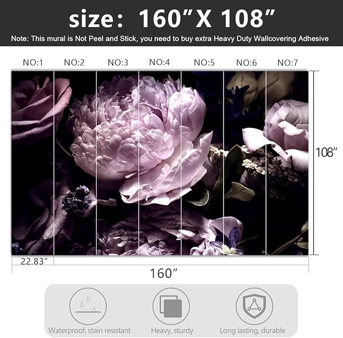 -Black Peony Purple Floral Botanical Fabric Wallpaper Living Room Bedroom Bathroom Dark Flowers Large Wall Mural- 160"x108"（ not Peel and Stick）