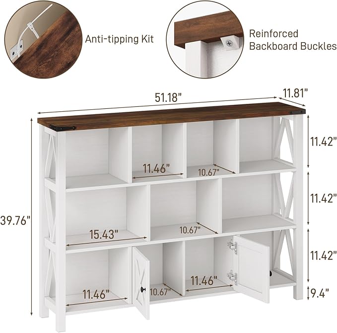 11 Cube Storage Organizer Bookshelf, Wooden Open Cube Shelf Bookcase, Farmhouse Display Book Shelf, 3 Tier Cube Bookshelves with Storage, Rustic White-HomvellaHome