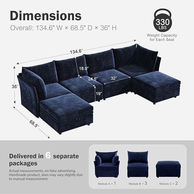 134.6" Oversized Modular Sectional Sofa, 6 Seater U Shaped Couch with Storage Ottoman with Reversible Chaise Deep Seat for Living Room, Apartment - Chenille Blue-HomvellaHome