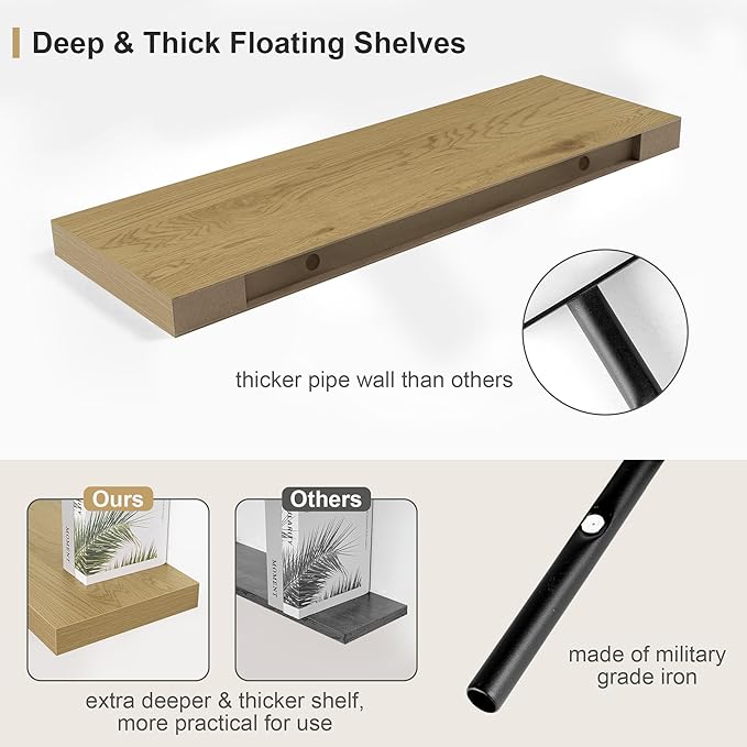 12" Deep Oak Floating Shelves,Over Toilet Long Wall Mounted Modern Farmhouse 36 inches,Wall Shelves with Invisible Brackets for Bedroom, Bathroom, Living Room, Kitchen, Set of 1-HomvellaHome