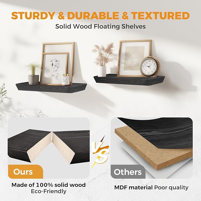 16"x6.8"x1.6" Slanted Floating Wall Shelves 2-Pack - Rustic Black Finish, Heavy-Duty Solid Wood Design with Hidden Brackets - Perfect for Living Room, Kitchen, Bathroom, or Office-HomvellaHome