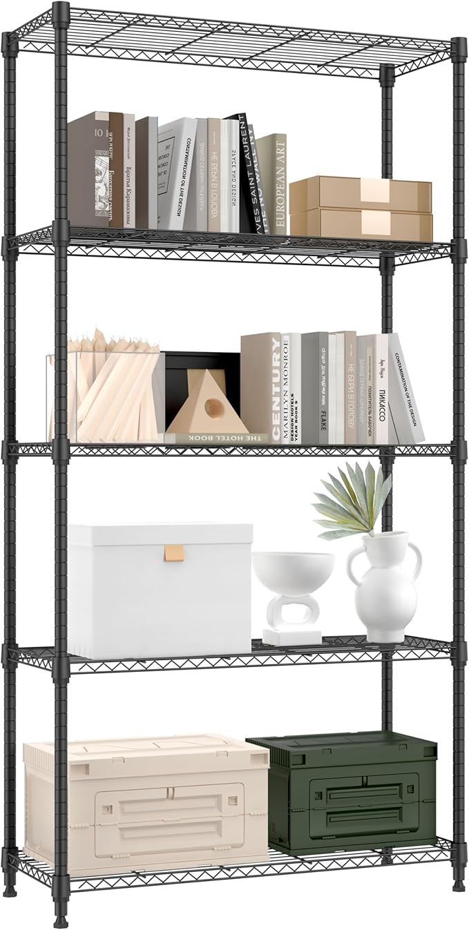 1250 lbs 5 Tier Shelf Metal Storage Shelves Shelving Wire Rack Heavy Duty Closet Organizers for Garage Kitchen Bathroom Laundry Black 13.8" D x 35.4" W x 68.5" H-HomvellaHome