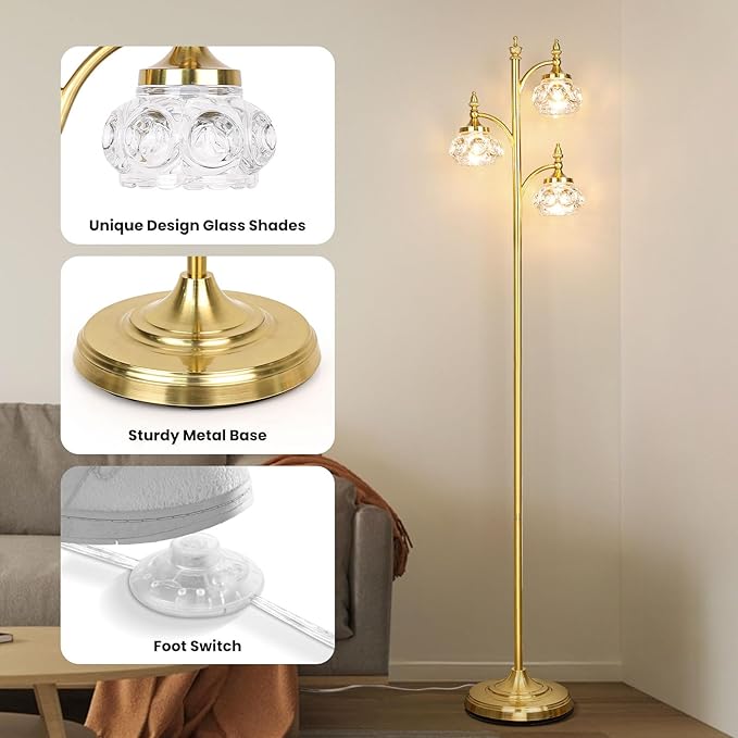 Gold Floor Lamp, Dimmable Tree Floor Lamps for Living Room Brass Tall Standing Lamp with 3 Rotatable Lights Glass Shade 66.5'' Modern Corner Lamp for Bedroom Office(3LED Bulbs Included)-HomvellaHome