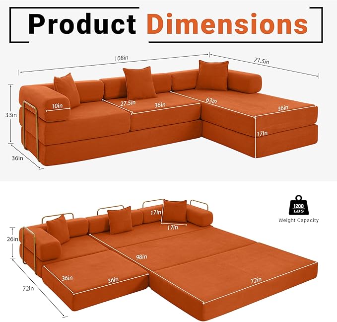 108" Oversized Convertible Sleeper Sofa Bed, Corduroy L Shape Sectional Couch, Folding Sofa Bed with Side Pocket, Modern Cloud Floor Mattress Couch, Modular Sofa for Living Room, Orange-HomvellaHome