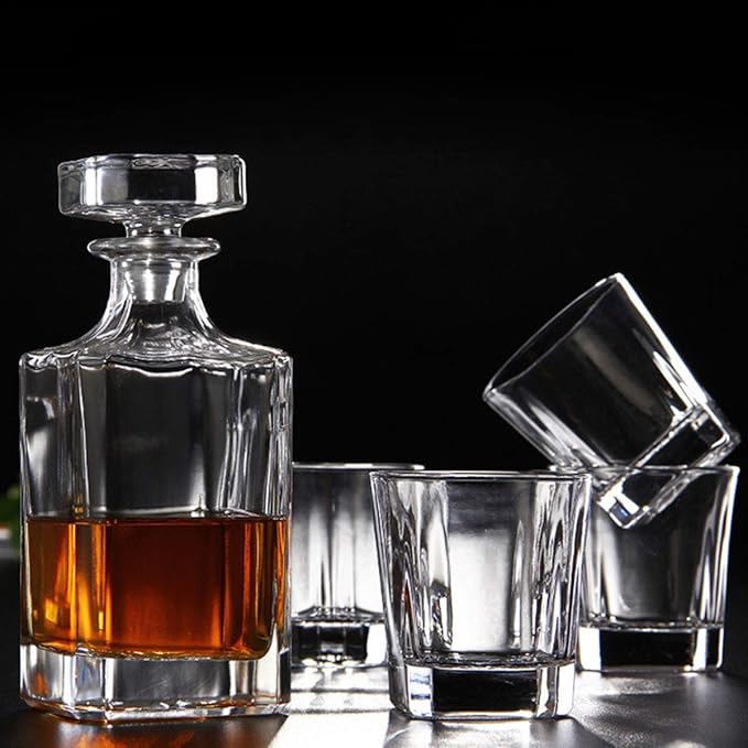 Glass Decanter with Airtight Geometric Stopper - Whiskey Decanter for Wine, Bourbon, Brandy, Liquor, Juice, Water, Mouthwash. Italian Lead-Free Glass (25.97 oz/768ml)-HomvellaHome