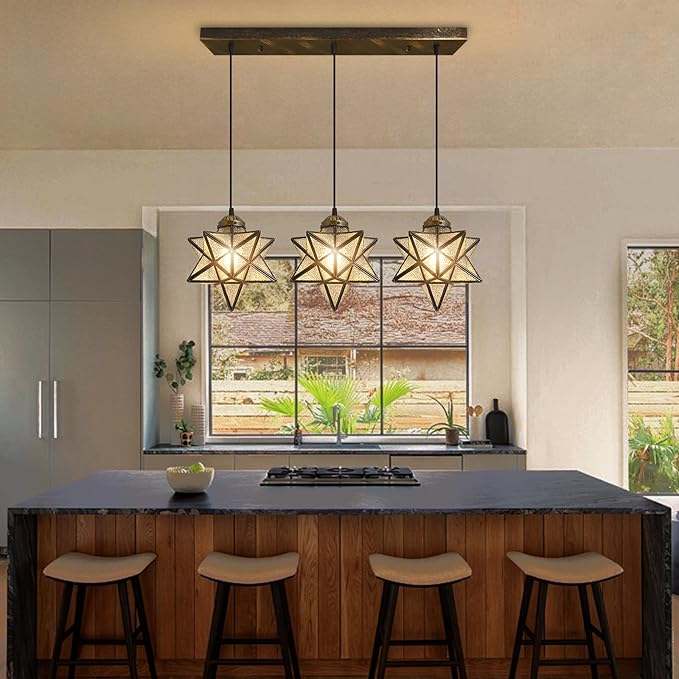 Glass Glam Chandelier 3 Lights Star Pendants Light Fixture for Dining Table Kitchen Island Modern Ceiling Hanging Lights Included LED Warm Light Bulbs Oiled Bronze-HomvellaHome