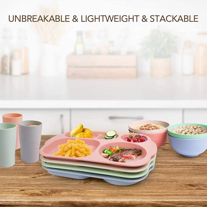 greenandlife 12 Inch (4PCS) Large Unbreakable Divided Plates for Kids Adults, Dishwasher & Microwave Safe Plate, Lightweight Reusable Plastic Compartment Plates, BPA Free and Healthy-HomvellaHome