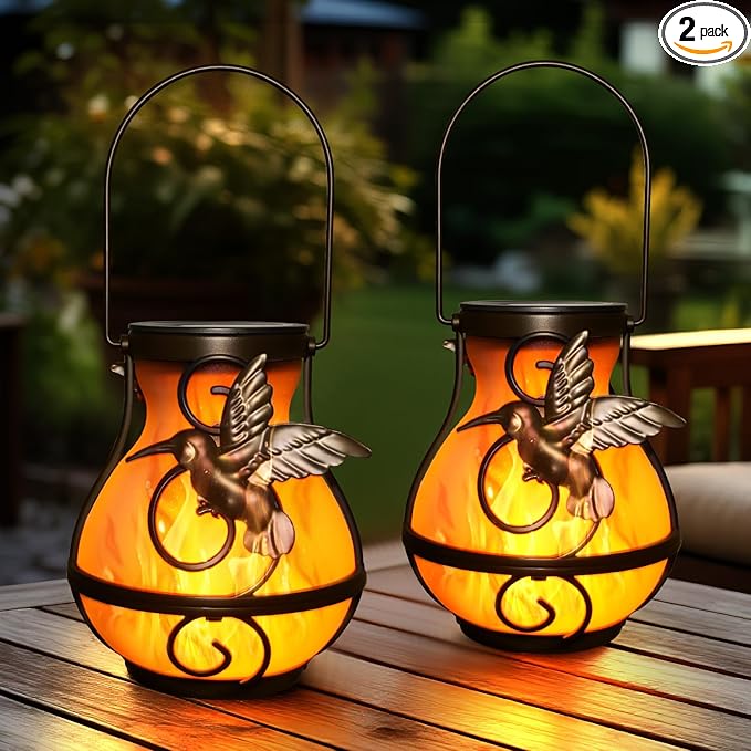 2 Pack Solar Lanterns for Outside Hanging,Solar Garden Lights Outdoor Waterproof with Flickering Flame,Led Lantern for Patio Yard Camping Halloween Decorations,Gardening Gifts for Mom-HomvellaHome