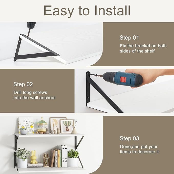 12 Inch Deep Floating Shelves, White Floating Shelves 48W x 12D, Deep Wall Shelves Bracket Set of 2, Large Display Hanging Floating Shelf for Bathroom, Living Room, Wide Storage Wooden Wall Shelf-HomvellaHome