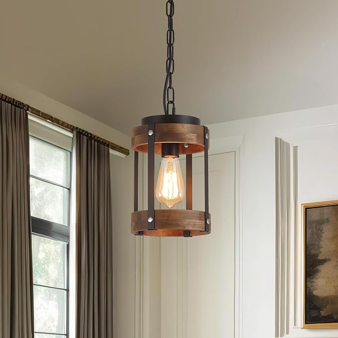 2 Pack Rustic Farmhouse Wood Pendant Light Fixture One-Light Adjustable Chain Oak Wood and Metal Drum Cage Small Pendant Lighting for Kitchen Island Sink Hallway Farmhouse Bathroom Bar, Black-HomvellaHome
