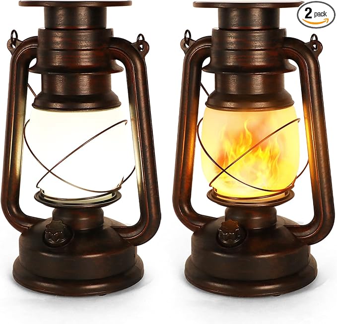 2 Pack Solar Hanging Lantern Outdoor, Solar Powered, Auto On/Off Waterproof LED Flame Umbrella Vintage Lights for Garden, Patio, Yard, Flickering Flameless Candle Mission Lights for Table, Party-HomvellaHome