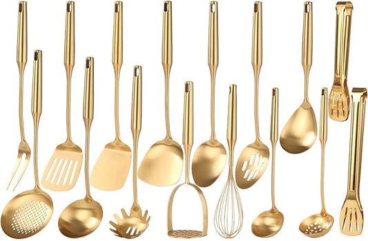 Gold Cooking Utensils Set - 18/10 Stainless Steel Large and Small Spoons Set, 16 PCS All Metal Kitchen Tools, Serving Utensils - Whisk, Masher, Fork, Tongs, Spatula, Ladle, Skimmer, Turner, Pasta-HomvellaHome