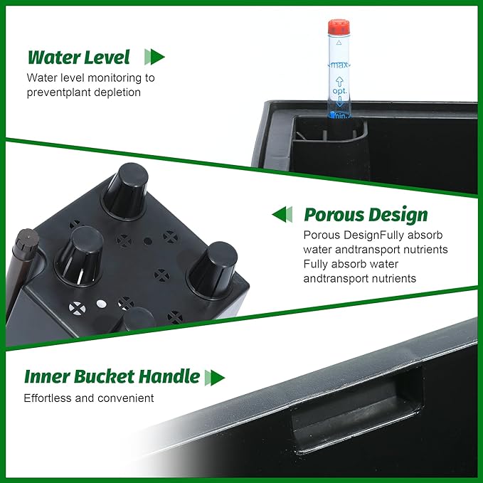 16" Tall Planters Set of 2, Outdoor＆Indoor Black Planter Pots, High Front Porch Planter Pots with Drainage Holes＆Water Level Monitor＆Inner Bucket, Automatic Watering,Black-HomvellaHome