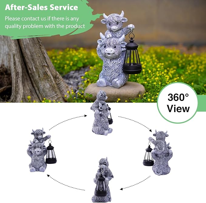 Goodeco 9.5 Inch Highland Cow with Solar Lantern – Resin Garden Decor, Outdoor Statue & Unique Highland Cow Gifts (Gray)-HomvellaHome