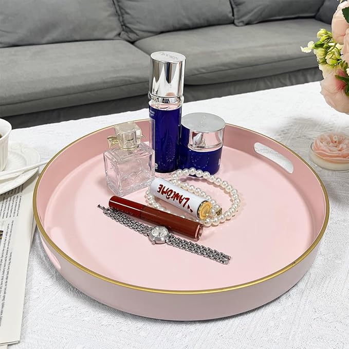 13" Pink Serving Tray with Handles,Round Decorative Tray for Coffee Table, Plastic Modern Coffee Table Tray for Ottoman, Living Room, Bathroom, Décor.-HomvellaHome