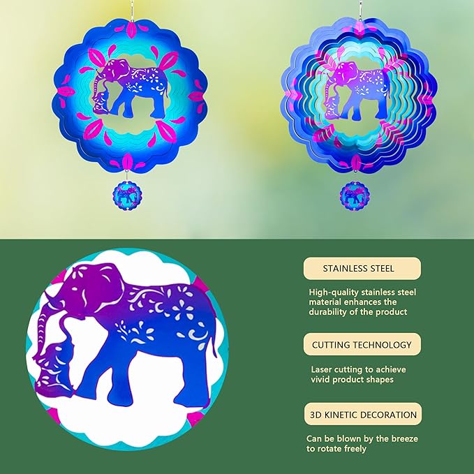 12 inch Elephant 3D Stainless Steel Wind Spinners, Hanging Garden Spinner Kinetic Art Garden Decorations, Reflective Wind Sculpture for Indoor/Outdoor Decor-HomvellaHome