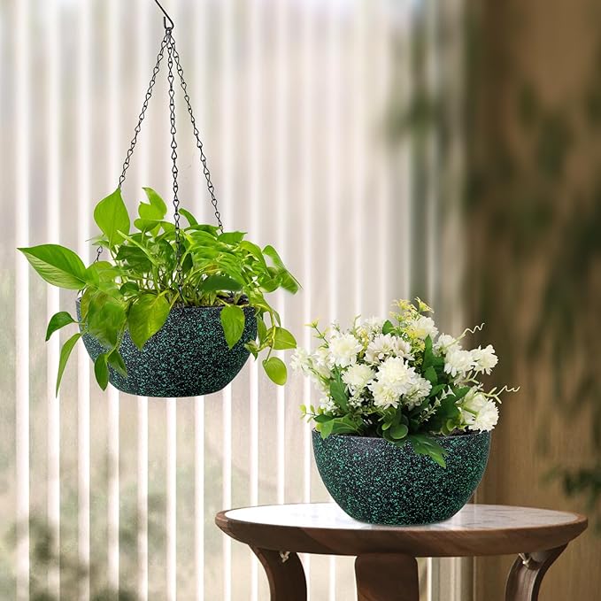 10 inch Hanging Planters for Indoor Outdoor Plants, 2 Pack Hanging Flower Pots with Drainage Holes and Chain for Garden, Plastic Hanging Baskets for House Plants, Black with Green Speckles-HomvellaHome