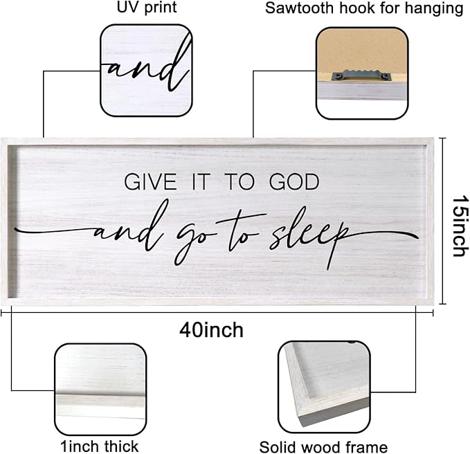 Give It to God and Go to Sleep Decorative Rustic Sign & Plaque Framed Wall Art for Couples, 40''×15'' Vintage Farmhouse Wooden Horizontal Wall Decor Above Bed, Cottagecore Wedding Gift for Bedroom-HomvellaHome
