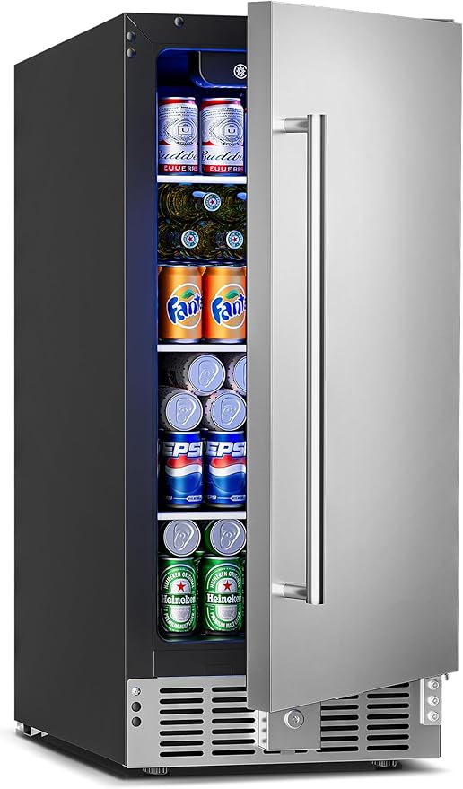 15 Inch Undercounter Beverage Refrigerator - 126 Cans Beverage Fridge with Stainless Steel Door for Beer Wine Soda - Built-in or Freestanding Wine Cooler for Home Kitchen Bar-HomvellaHome