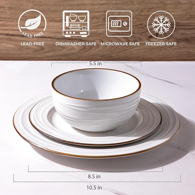 GBHOME Ceramic Dinnerware Sets,12 pcs Embossed Elegant Stoneware Plates and Bowls Sets, Housewarming Wedding Gift | Dishwasher & Microwave Safe | Dishes Set Service for 4-HomvellaHome