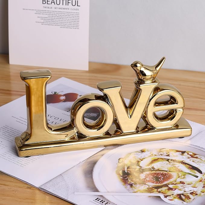 Gold Love Sign Statue - Personalized Home Decor, Bird Sculpture for Living Room, Bedroom, Desktop & Cabinets-HomvellaHome