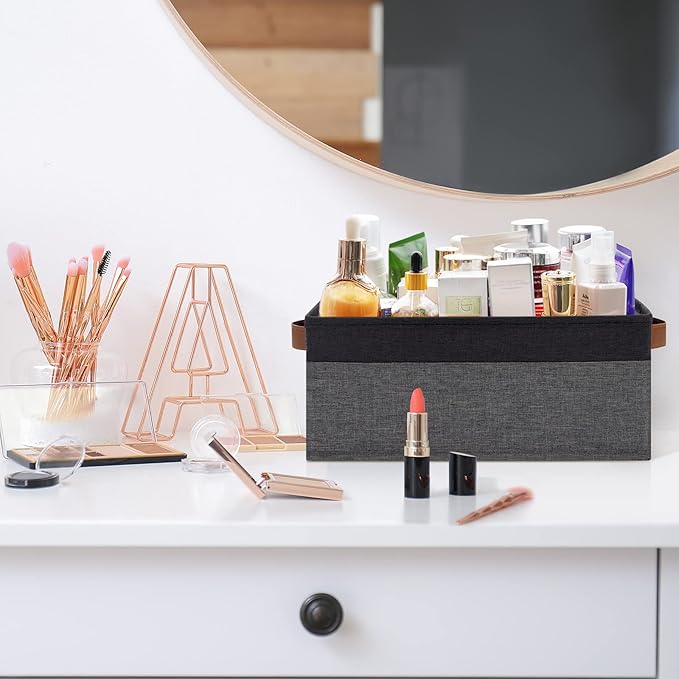 GhvyenntteS Small Fabric Storage Bins 12 Pack, 11.8" x 7.87" x 5.11" Storage Basket with Leather Handles, Closet Storage Bins for Shelves, Storage Baskets for Shelves, DVD Storage (Grey/Black)-HomvellaHome