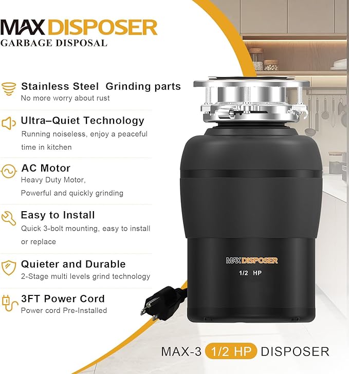 Garbage Disposal 1/2 HP Easy install Quiet with Stopper Power Cord, Kitchen sink Food Waste Disposer Continuous Feed, Stainless Steel Grind Half Horsepower AC Motor Unit (MAX-3)-HomvellaHome