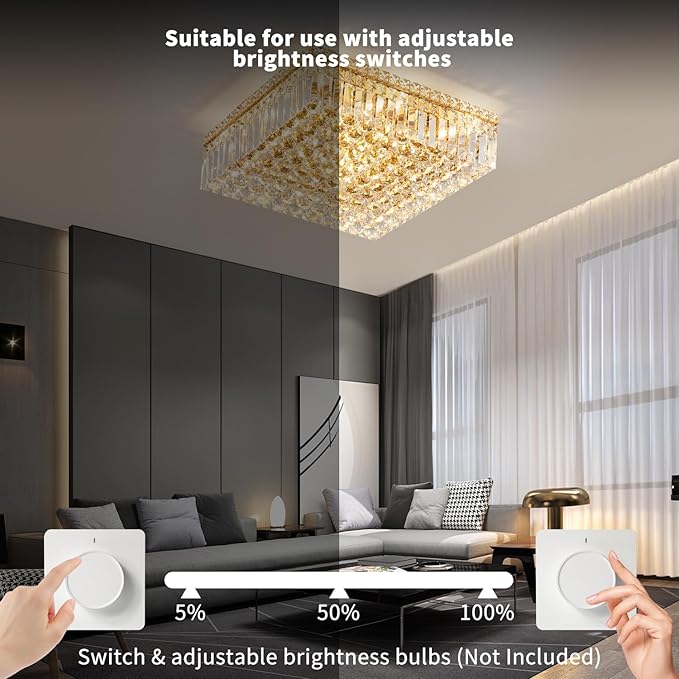 12-Lights Gold Crystal Flush Mount Ceiling Light Fixtures,Elegant Crystal Chandelier Pendant Ceiling Lamp for Bedroom,Living Room,Dining Room,Hallway H5.9 x W20 x L20 (Bulb Not Included) Square-HomvellaHome