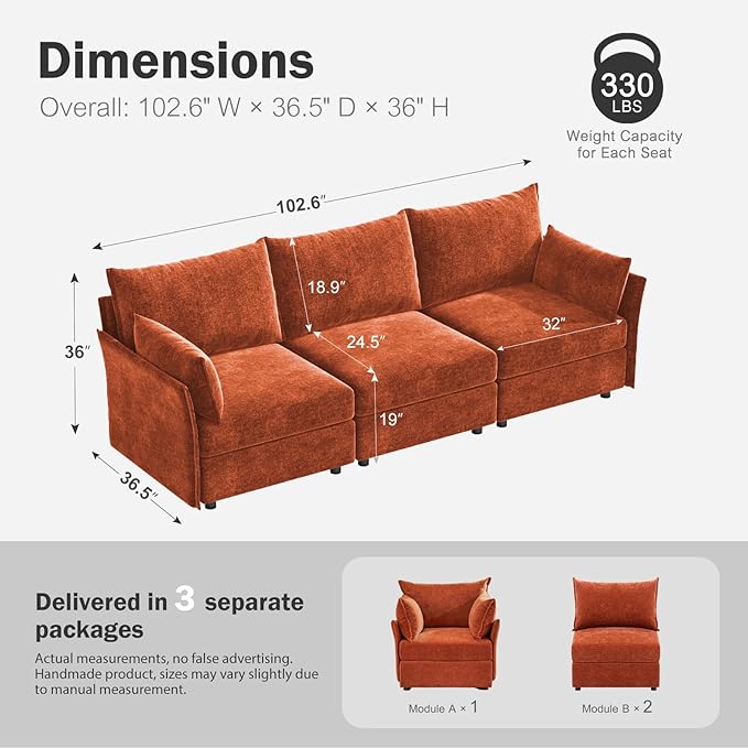 102.6" Modular Sectional Sofa, Oversized 3-Seater Terracotta Orange Couch with Removable Chenille Fabric Cover, Deep Seat & High Backrest for Living Room, Office & Apartment-HomvellaHome