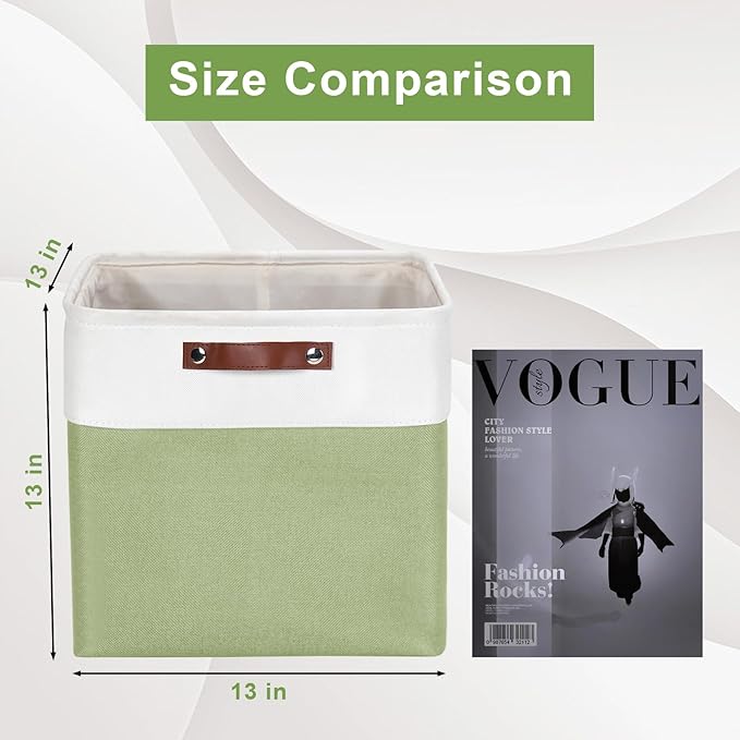 13x13 Cube Storage Bins, Collapsible Fabric Storage Box, 4 Pack Closet Baskets with Handles for Organizing, Shelf, Toys, Clothes, Home, Office, Nursery (Green&White)-HomvellaHome
