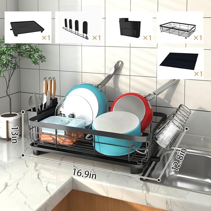 Godboat Dish Drying Rack, Dish Rack with Auto-Drain & Mat, Dish Drainers for Kitchen Counter, Glass Organizer for 4 Cups, 3 Slots Utensil Holder, Gifts for Women Mothers Day, Kitchen Gadgets & Decor-HomvellaHome