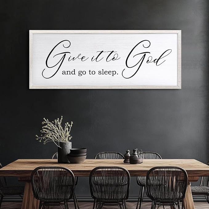 Give It To God And Go To Sleep Sign Wall Decor 40x15 Inch Large Farmhouse Master Bedroom Above Bed Hanging Wall Art Rustic Guest Room Wood Framed Over Bed Wall Decoration (White)-HomvellaHome