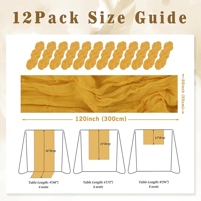 12 Pack Mustard 10FT Cheesecloth Table Runner Rustic Gauze Fabric Cheese Cloth Table Runner for Wedding Bridal Baby Shower Table Decor Boho Sheer Birthday Party Table Decorations 20 x 120 Inch Long-HomvellaHome