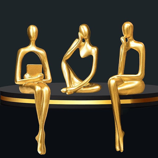 Gold Home Decor Thinker Statue Accents, Set of 3 Thinker Sculptures Office Decor Modern Abstract Resin Decoration on Shelf Table Desk for Living Room Office Bedroom (Large Gold)-HomvellaHome