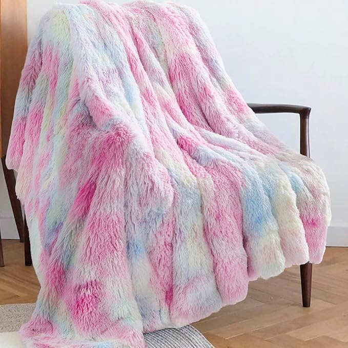 GONAAP Fuzzy Faux Fur Throw Blanket Twin Size Tie-dye Rainbow Super Soft Cozy Plush Fuzzy Shaggy Blanket for Couch Sofa Bed (Tie-dye Rainbow, Twin(60"x80"))-HomvellaHome