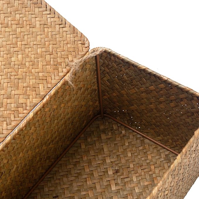 Wicker Basket with Lid, Seagrass Storage Basket, Woven Baskets for Storage, Decorative Storage Baskets for Shelf Organizing, Natural-HomvellaHome