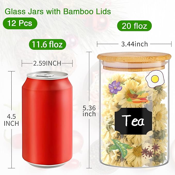 Glass Jars with Bamboo Lids 20 oz, 12 Pcs Stackable Kitchen Glass Pantry Storage Containers with Airtight Bamboo Lids for Rice, Candy, Sugar, Flour, Nuts, Cookie, Bean-HomvellaHome