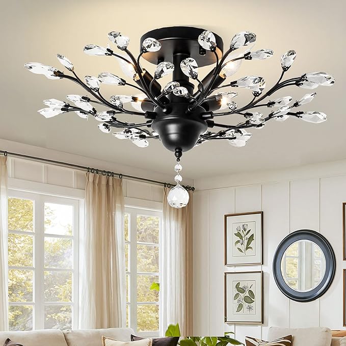 Ganeed Crystal Chandeliers,Vintage K9 Clear LED Ceiling Lighting,Edison Pendant Light Flush Mounted Fixture with 4 Light for Living Room Dinning Room Restaurant Porch Hallway (Black)-HomvellaHome