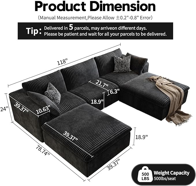 118" Cloud Couch Modular Sectional Sofa for Living Room,Modern Sofa with Deep Seat，U-Shape Boneless Couch with 2 Ottoman,Comfy Upholstered Corduroy Couches for Apartment, Studio, Office,Bedroom，Black-HomvellaHome