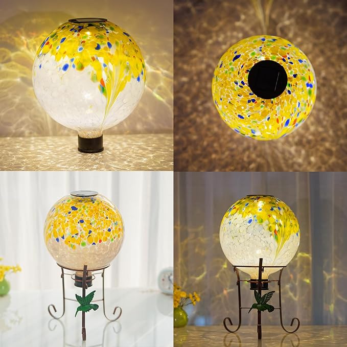 10" Diameter Solar Gazing Ball and 8.5" Metal Stand Indoor Outdoor Yard Art Ornament Coloful Spot Glass Globe Sphere Solar Gazing Balls for Garden,Lawn,Porch,Patio Birthday Gifts for Women,Mom-HomvellaHome